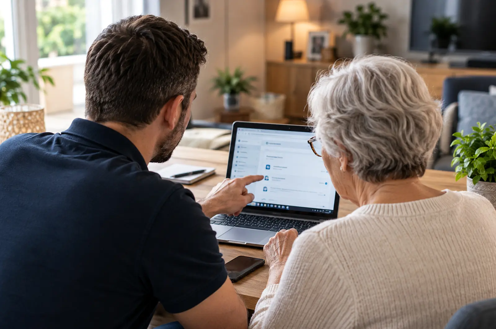 Un accompagnateur guide une personne sur son ordinateur à domicile